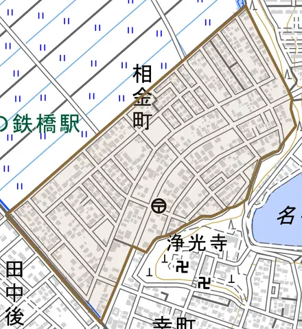 相金町とその周辺の地図。町の範囲を重ねている