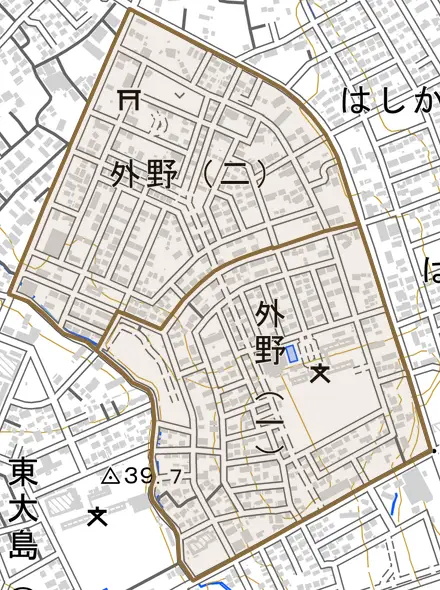 外野とその周辺の地図。町の範囲を重ねている