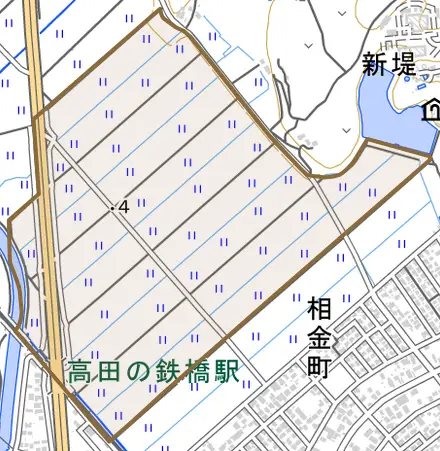 獅子前とその周辺の地図。町の範囲を重ねている
