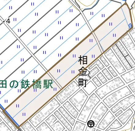 相金とその周辺の地図。町の範囲を重ねている