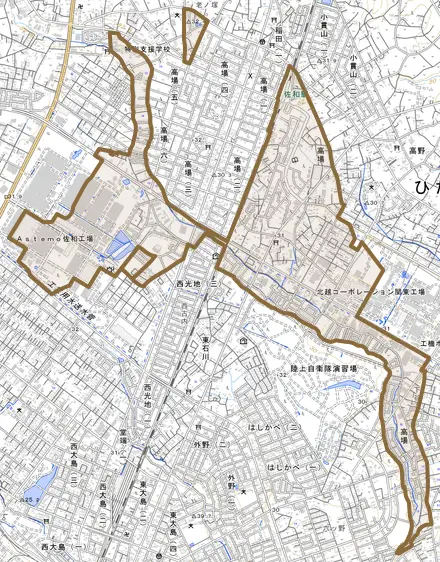 大字高場とその周辺の地図。町の範囲を重ねている