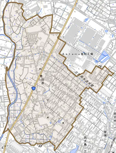 大字田彦とその周辺の地図。町の範囲を重ねている