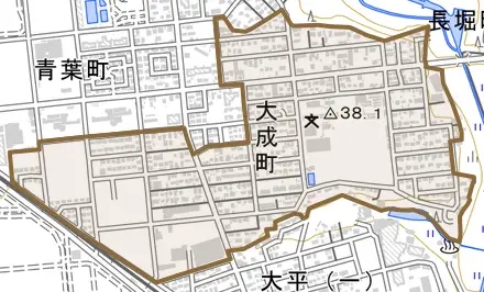 大成町とその周辺の地図。町の範囲を重ねている