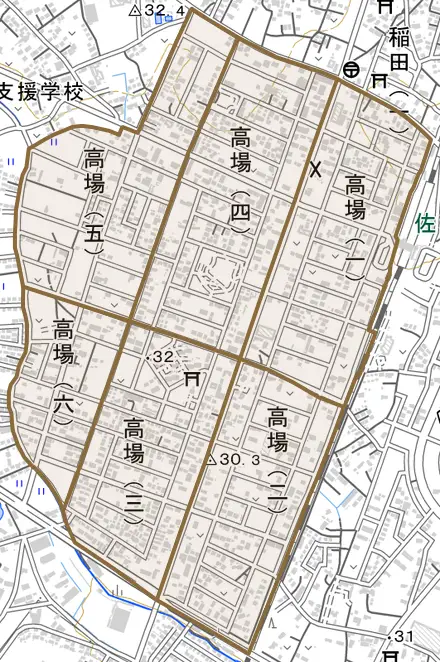 高場とその周辺の地図。町の範囲を重ねている