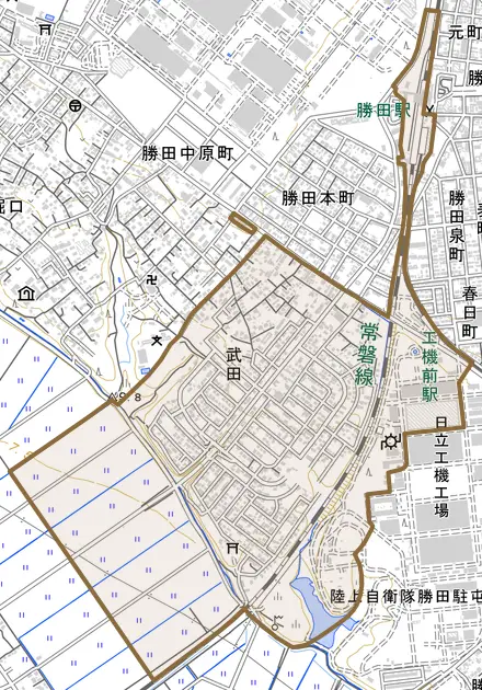 大字武田とその周辺の地図。町の範囲を重ねている