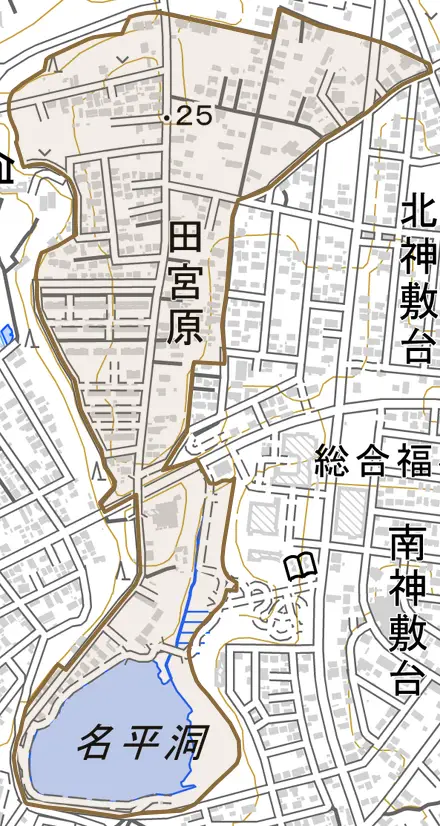 田宮原とその周辺の地図。町の範囲を重ねている