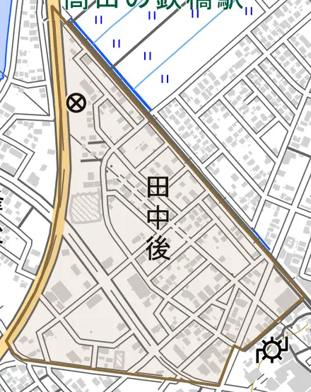 田中後とその周辺の地図。町の範囲を重ねている