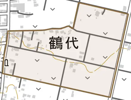 鶴代とその周辺の地図。町の範囲を重ねている