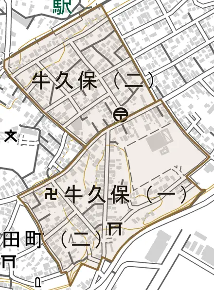 牛久保とその周辺の地図。町の範囲を重ねている