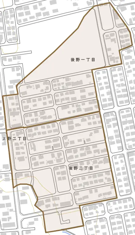 後野とその周辺の地図。町の範囲を重ねている