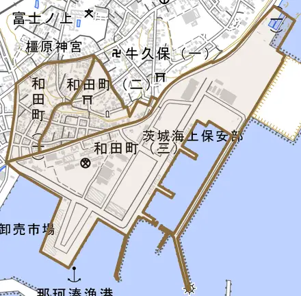 和田町とその周辺の地図。町の範囲を重ねている