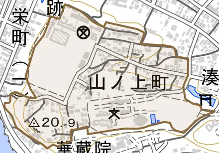 山ノ上町とその周辺の地図。町の範囲を重ねている