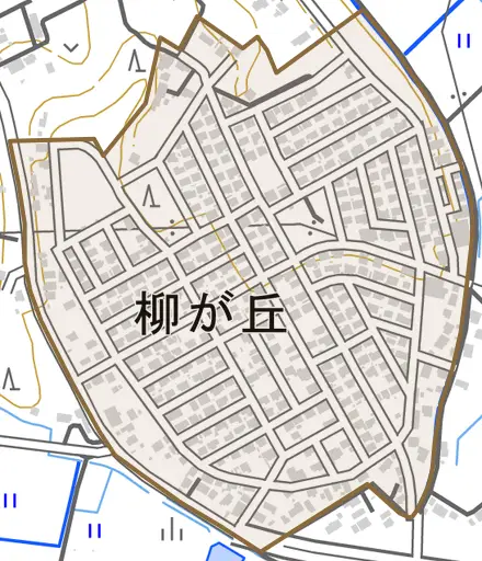 柳が丘とその周辺の地図。町の範囲を重ねている