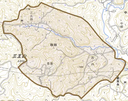 秋田とその周辺の地図。町の範囲を重ねている