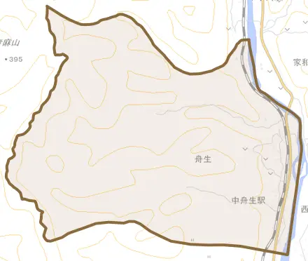 舟生とその周辺の地図。町の範囲を重ねている