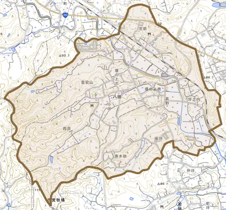 八田とその周辺の地図。町の範囲を重ねている