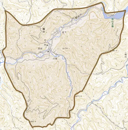 檜山とその周辺の地図。町の範囲を重ねている