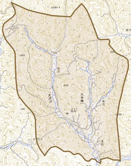 入本郷とその周辺の地図。町の範囲を重ねている