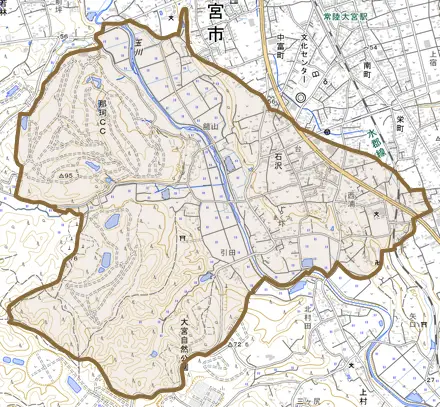 石沢とその周辺の地図。町の範囲を重ねている