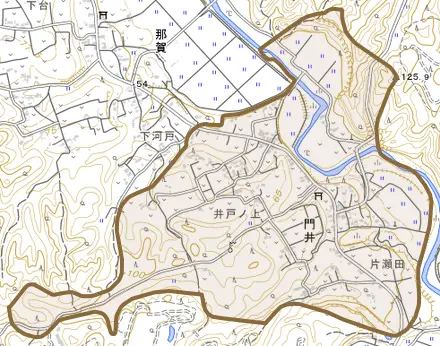 門井とその周辺の地図。町の範囲を重ねている