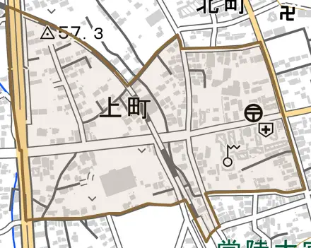 上町とその周辺の地図。町の範囲を重ねている