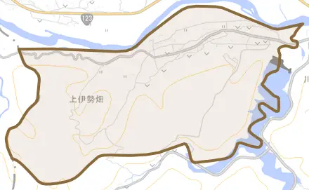 上伊勢畑とその周辺の地図。町の範囲を重ねている