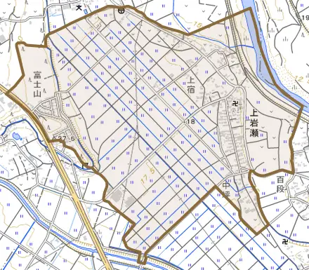上岩瀬とその周辺の地図。町の範囲を重ねている