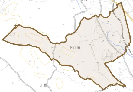 上村田とその周辺の地図。町の範囲を重ねている