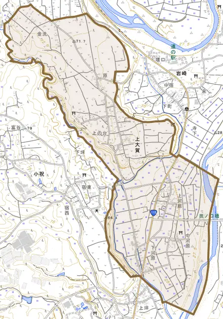 上大賀とその周辺の地図。町の範囲を重ねている