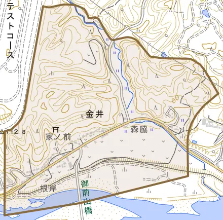 金井とその周辺の地図。町の範囲を重ねている