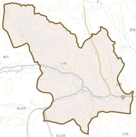 小舟とその周辺の地図。町の範囲を重ねている