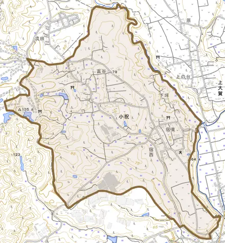 小祝とその周辺の地図。町の範囲を重ねている