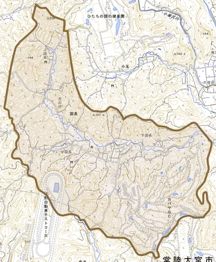国長とその周辺の地図。町の範囲を重ねている