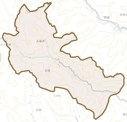 久隆とその周辺の地図。町の範囲を重ねている