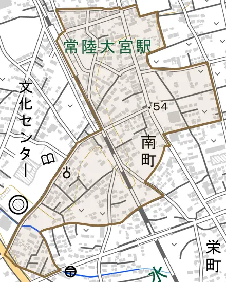 南町とその周辺の地図。町の範囲を重ねている