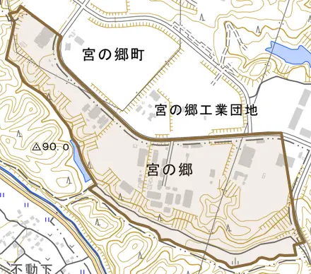 宮の郷とその周辺の地図。町の範囲を重ねている