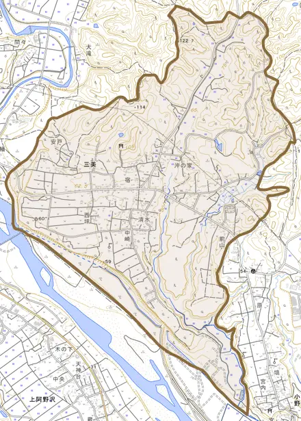 三美とその周辺の地図。町の範囲を重ねている