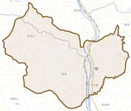 盛金とその周辺の地図。町の範囲を重ねている