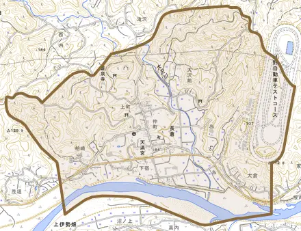 長倉とその周辺の地図。町の範囲を重ねている