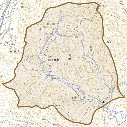 長沢とその周辺の地図。町の範囲を重ねている
