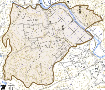 那賀とその周辺の地図。町の範囲を重ねている