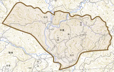 中居とその周辺の地図。町の範囲を重ねている