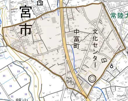 中富町とその周辺の地図。町の範囲を重ねている