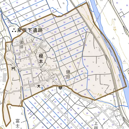 根本とその周辺の地図。町の範囲を重ねている