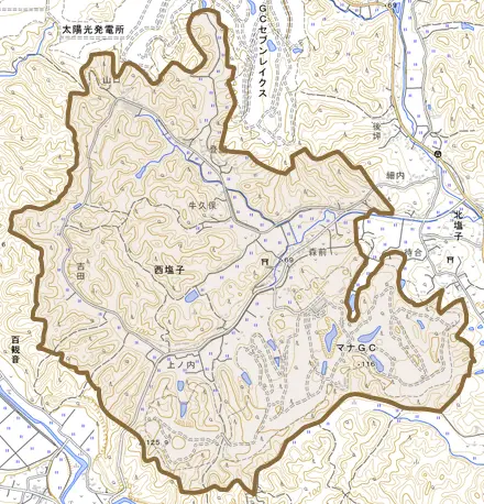 西塩子とその周辺の地図。町の範囲を重ねている