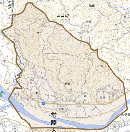 野田とその周辺の地図。町の範囲を重ねている