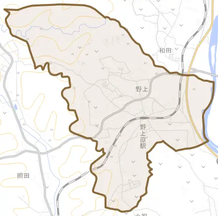 野上とその周辺の地図。町の範囲を重ねている