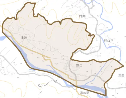 野口とその周辺の地図。町の範囲を重ねている