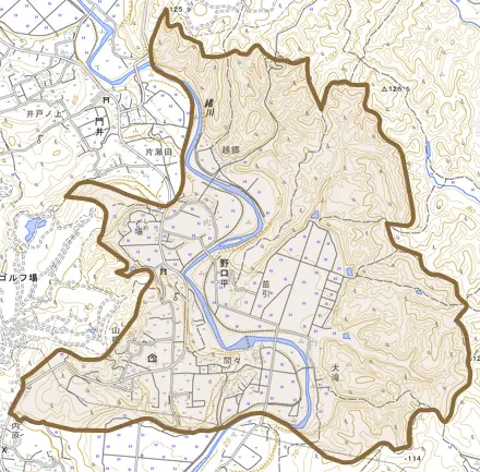 野口平とその周辺の地図。町の範囲を重ねている