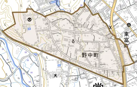 野中町とその周辺の地図。町の範囲を重ねている